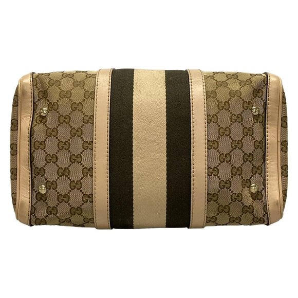 Auth GUCCI GG 247205 Dark Brown Beige Jacquard Leather Handbag - Picture 7 of 16